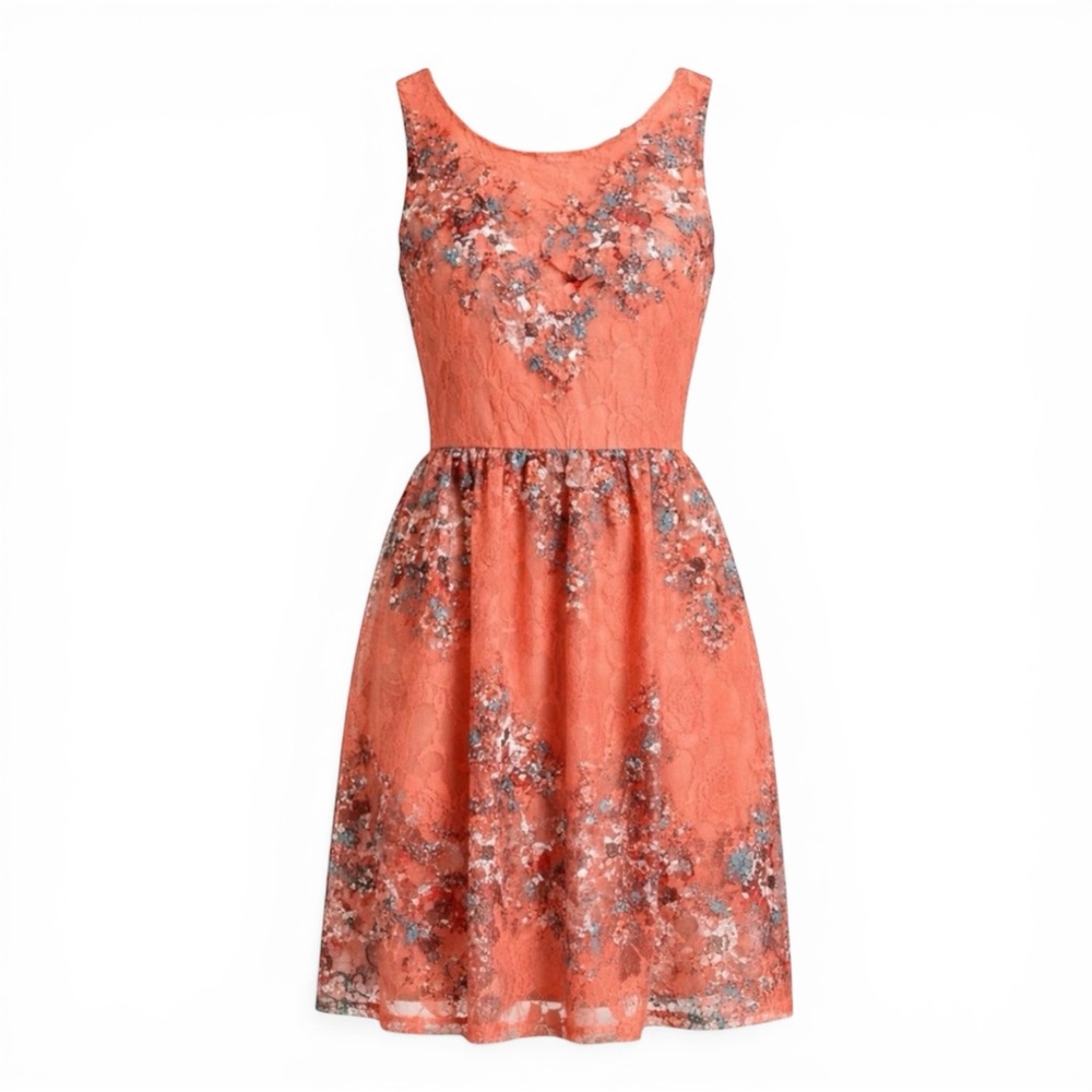 Love, Fire Coral Floral Lace Fit & Flare Dress – Size Small (NWOT)